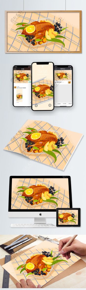 原创烤鸭美味美食插画