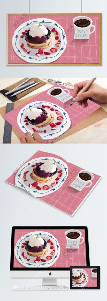 早餐甜品粉色树莓华夫饼