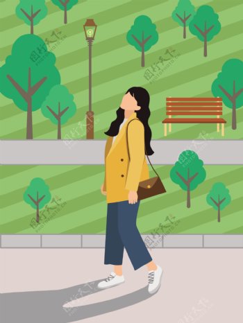 公园散步白领上班族女孩清新休闲原创插画
