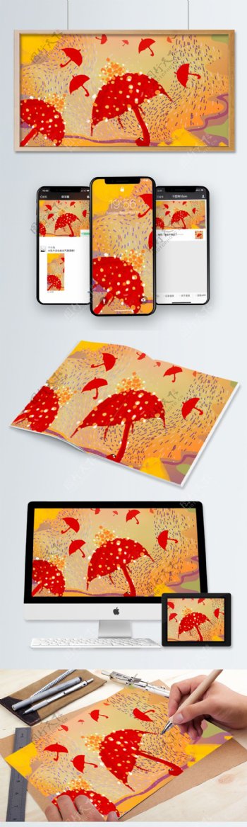 创意涂鸦风格抽象波点红色的伞插画