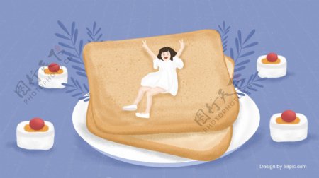 清新早安你好早餐面包女孩插画