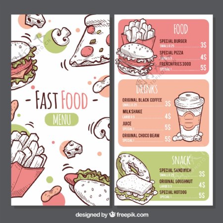 彩绘快餐食物菜单正反面矢量素材