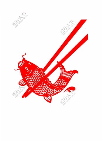 红色剪纸舌尖上的美食筷子cdr矢量鱼素材