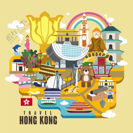 手绘矢量旅游香港景点紫荆花地图海报背景