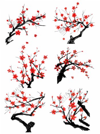 中国风水墨手绘梅花套图元素