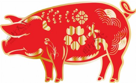 红色金色猪剪纸春节AI素材可商用