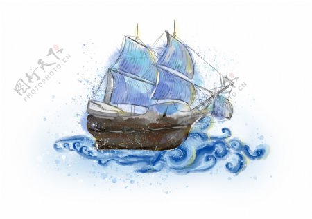 原创帆船手绘蓝色水彩海浪