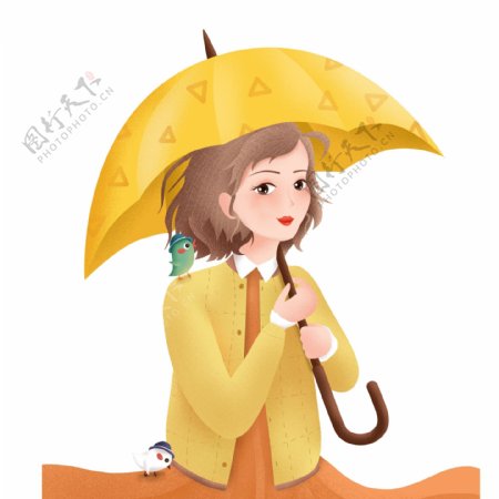 撑伞的卡通女孩元素