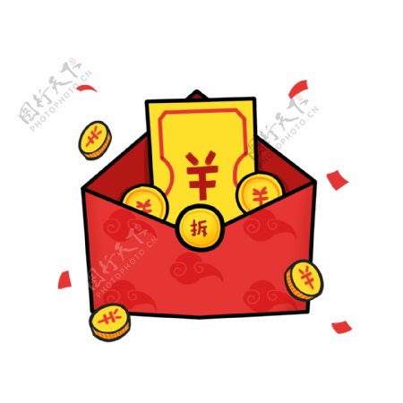 新年红包喜庆金币红色黄色促销打折元素