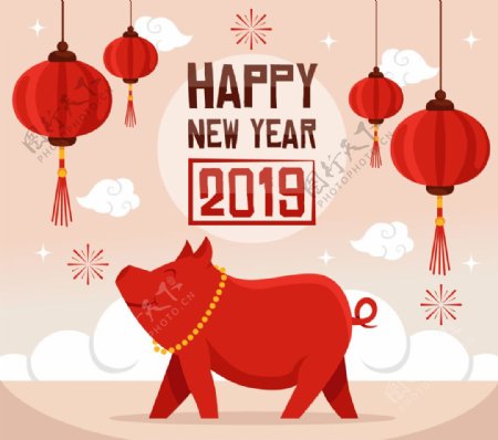 2019红色猪新年海报设计