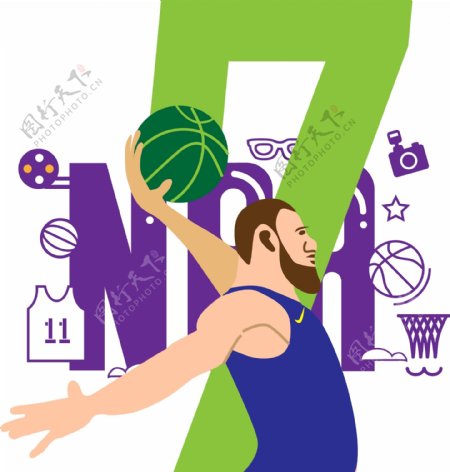 蓝绿色系NBA投篮运动员插画