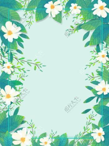 手绘文艺清新边框绿色植物花卉蓝色背景