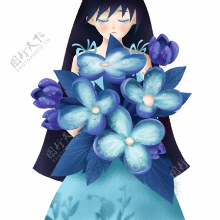 唯美手绘拿着蓝色鲜花的女人