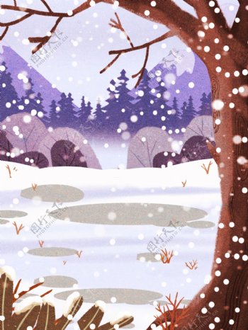 彩绘冬季下雪雪地树林背景设计
