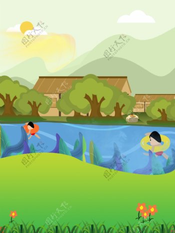 唯美清新三月河边儿童游泳插画背景