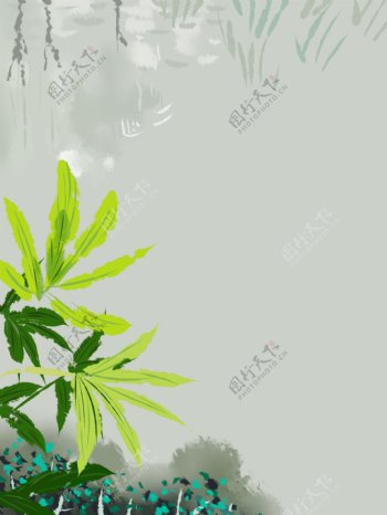 灰色手绘绿色植物插画背景