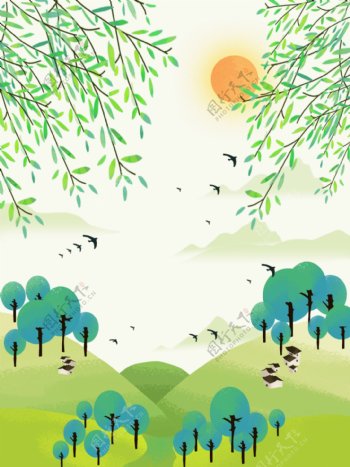 二十四节气春分植树节燕子绿色青山柳树背景