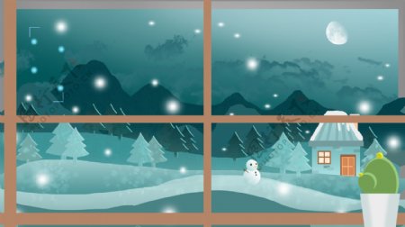 手绘冬季窗外的雪景背景设计