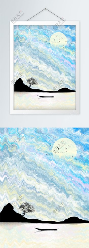 北欧手绘水彩蓝色系岛屿海岸客厅装饰画