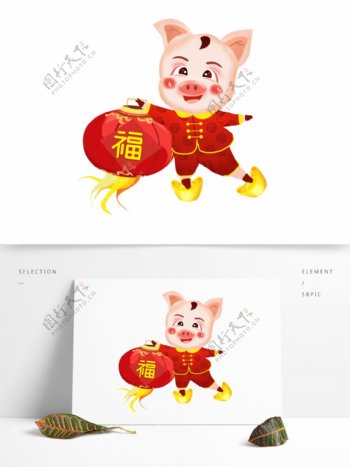 红色卡通小猪福字灯笼装饰素材