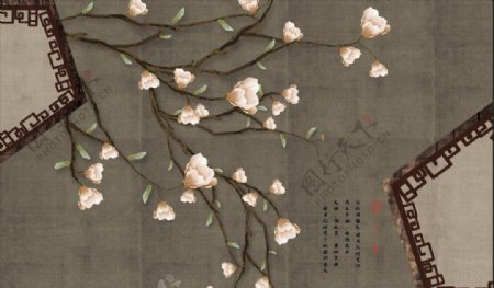 现代新中式手绘玉兰工笔花鸟背景