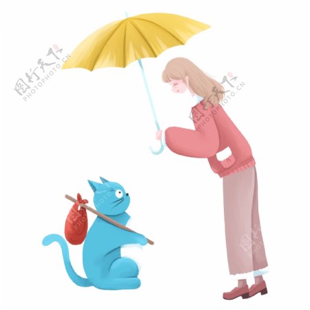 打伞的女孩和猫png元素