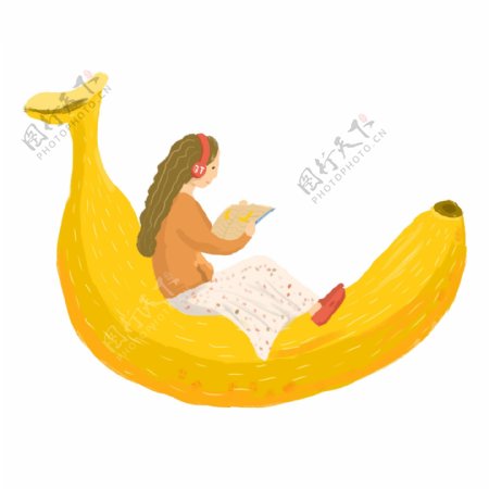 香蕉上看书的小女孩插画人物元素