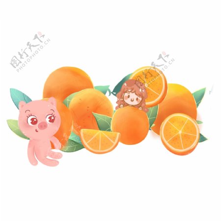手绘卡通小猪橙子装饰素材