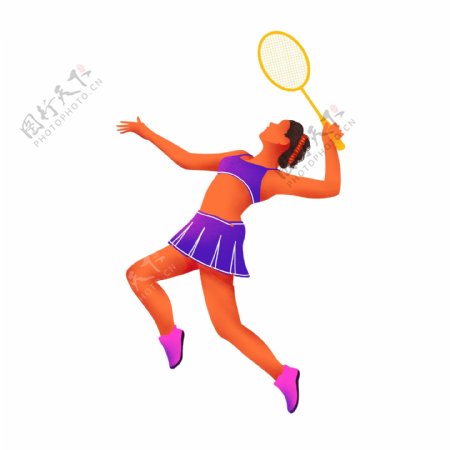手绘打羽毛球的运动员女孩