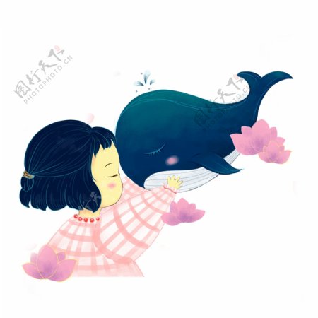 简约女孩和鲸鱼透明素材