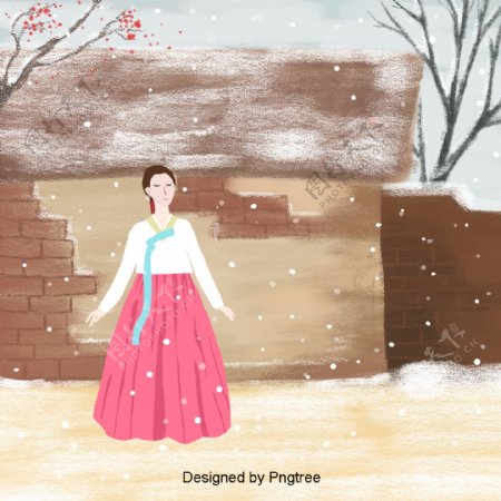韩国女孩享受冬天的雪景的背景