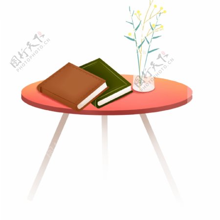 手绘桌子上的花瓶和书本设计