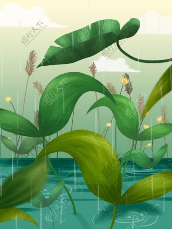 小雨节气河边植物插画背景