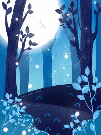 彩绘树林圆月晚安背景设计