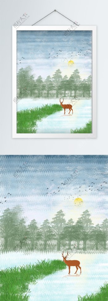 北欧冷色森林麋鹿小溪装饰画