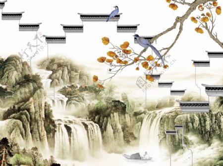 新中式山水花鸟背景墙
