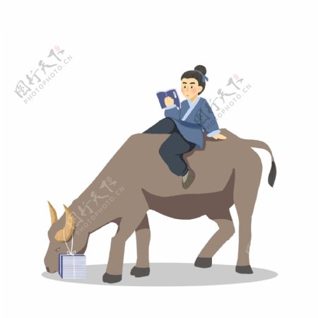 手绘骑着牛的少年人物插画