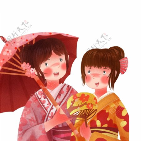 彩绘两个穿着和服的日本女子