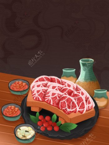 卡通手绘韩式烤肉插画背景