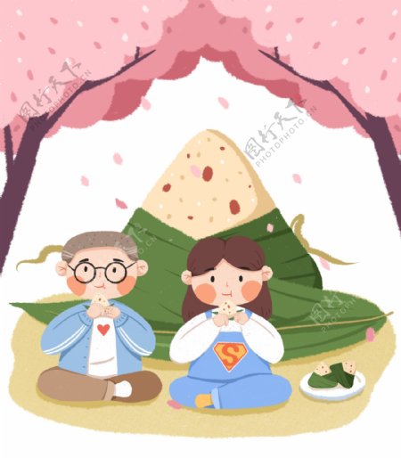 端午节樱花树下吃粽子的情侣下载