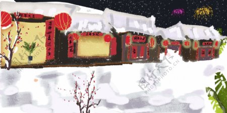 手绘冬季雪地屋前背景设计