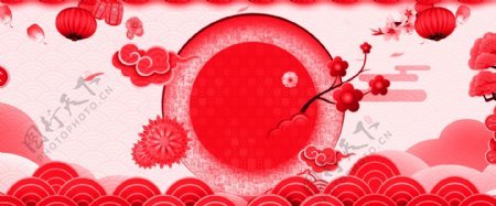 猪年剪纸中国风喜庆红色春节背景