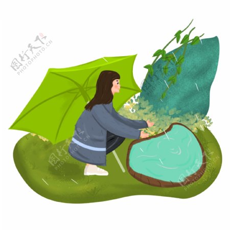 清明节下雨打伞的女孩手绘插画