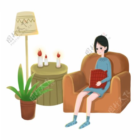 坐在棕色沙发上的小女孩插画