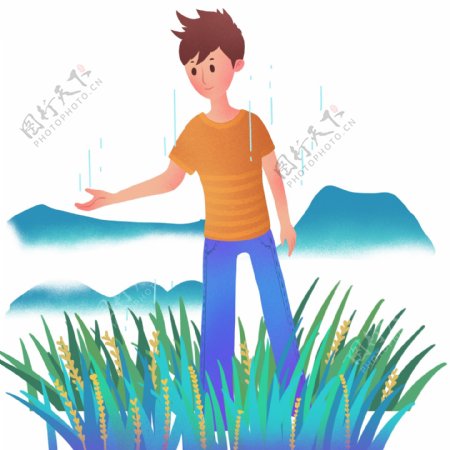 谷雨站在草丛中的男孩插画