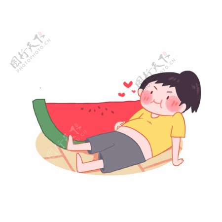夏日休闲吃西瓜的少女可爱卡通png