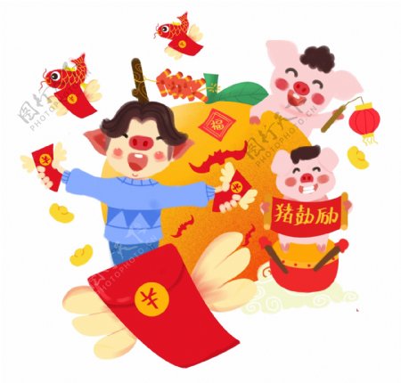 春节卡通手绘骑红包的猪猪男孩和小猪