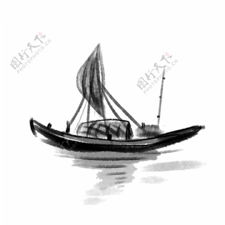 黑色水墨渔船插画