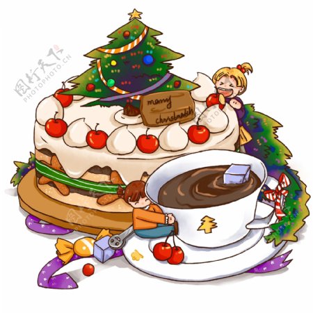 圣诞节美食蛋糕咖啡人物免抠素材