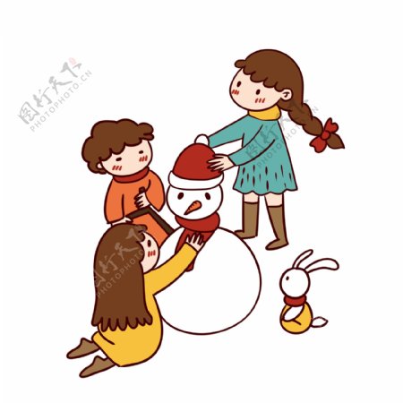 手绘矢量卡通可爱小雪节气小孩子堆雪人